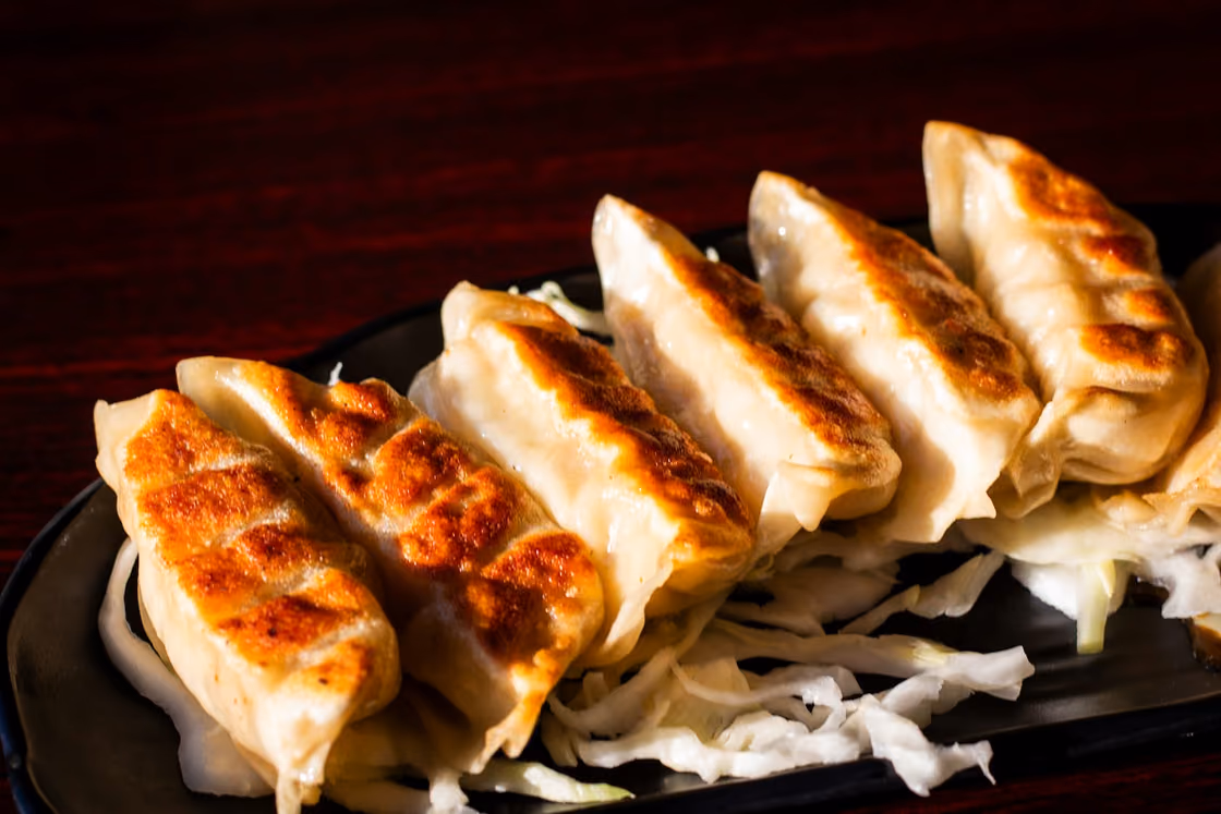 Gebratene Gyoza auf einem schwarzen Teller